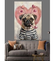 Kalp Gözlüklü Sevimli Pug Köpek Dekoratif Kanvas - Mdf Ahşap Tablo