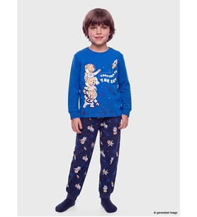 LCW Kids Mavi Bisiklet Yaka Baskılı Erkek Çocuk Pijama Takım
