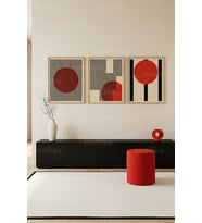 Minimalist Kırmızı Geometrik Soyut Sanat 3’lü Ahşap Çerçeveli Tablo Seti