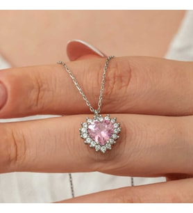Gümüş Pembe Taşlı Kalp Kadın Kolye