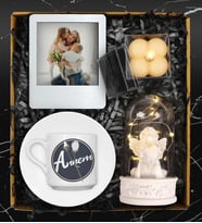 Anneler Gününe Özel Fincan & Işıklı Melek Fanus & Fotoğraf Çerçevesi & Kutulu Mum Hediye Seti