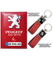 Plakanıza Özel Peugeot Logolu Kırmızı Ruhsat Kabı ve Anahtarlık