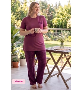 Guava Kadın Düğmesiz Bisiklet Yaka Viskon Kısa Kol Pijama Takımı(Basen Kapatır Tunik Boy)