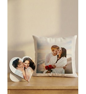 Sevgililer Gününe ve Kişiye Özel Fotoğraflı Beyaz Yastık ve Kalp Puzzle 2 Li Takım