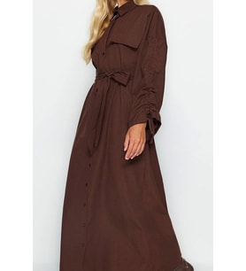 Moda Oversize Maxi Tesettür Kuşaklı Kolları Ayarlanabilir Detaylı Pamuklu Dokuma Gömlek Elbise (Kahverengi)