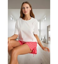 Kadın Rahat Pamuklu Çizgili Pijama Takımı Bisiklet Yaka Bağlamalı Detaylar Yazlık Modern Stil (Beyaz-Pembe)