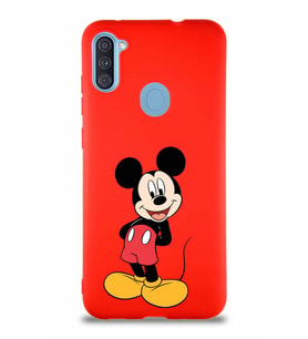 Samsung Galaxy A11 Soft Premier Kapak Mickey Mouse-B Tasarımlı Silikon Kılıf - Kırmızı (Şeffaf)
