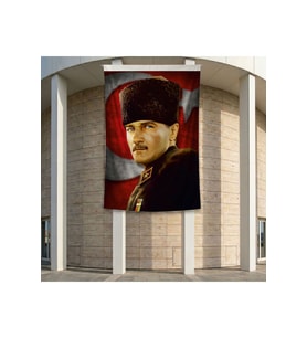 Mavi Gözlü Kalpaklı Gazi Mustafa Kemal Atatürk Ay Yıldız Poster Poster Bayrak Premium Raşel Kumaş ATA37 2x3m