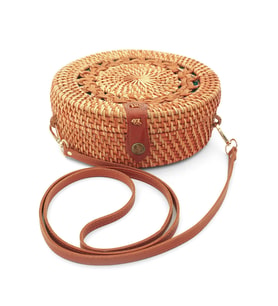 El Yapımı Hasır Rattan Desenli Yuvarlak Kutu Çanta (Kahverengi)