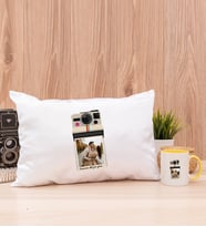 Kişye Özel Polaroid Tasarım Fotoğraflı Dikdörtgen Yastık ve Sarı Kupa