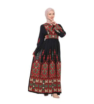 Zaytoon® Black Chiffon Traditional Palestinian Embroidered Thobe (Kırmızı)