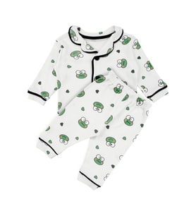 Unisex Ekru Yeşil Kurbağa Desenli Kruvaze Yaka Pijama Takımı