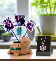 Kişiye Özel 3 Fotoğraflı Kaplumbağa Saksı ve Gerçek Ametist Taşlı Lotus Kolye (Kahverengi)