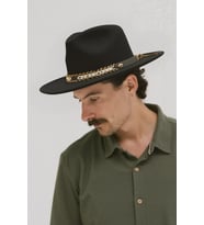 Erkek Etnik Deri Şeritli Fedora Şapka - Siyah