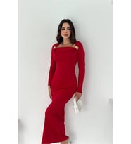 Neşeli butik kadın drapeli kayık yaka gold aksesuarlı elbise NBK4386 (Kırmızı)