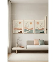 Modern Minimalist Peyzaj ve Bitki Motifli 3’lü Ahşap Çerçeveli Tablo Seti