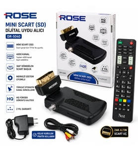 ROSE DR-5040 Mini Scart (SD) Dijital Uydu Alıcısı 4000 Kanal Türksat Güncelleme Merkezi Sistem Uyumlu 360° Döner Scart Başlık