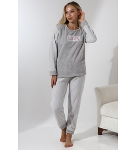 Fawn 5019 Peluş Welsoft Polar Kışlık Yumoş Kadın Pijama Takımı Love (Açık Gri)