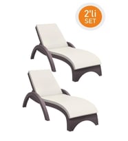 Omnipazar TRK-860 Siesta Fiji Bej Minderli Rattan Desenli Ayarlanabilir Lüks Şezlong Kahverengi 2'li Set