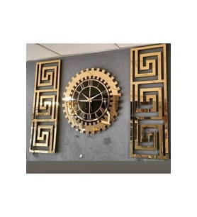 DEKORATİF XL 3D KABARTMA EFEKTLİ SAAT 50 CM  2 ADET YAN GEOMETRİK TABLO 25 X 60 CM  GÜNEŞ MODEL AYNALI PLEKSİ DUVAR SAAT