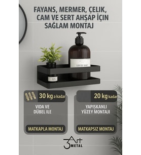 Mat Siyah Metal Duvar Rafı Banyo Mutfak Düzenleyici Vidalı Yapışkanlı Monta