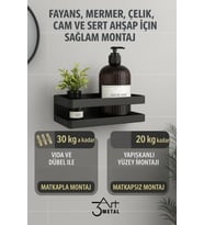 Mat Siyah Metal Duvar Rafı Banyo Mutfak Düzenleyici Vidalı Yapışkanlı Monta