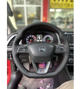 Seat Leon FR Araca Özel Dikmeli Direksiyon Kılıfı (NOKTA KARBON KIRMIZI İP) (Karışık)
