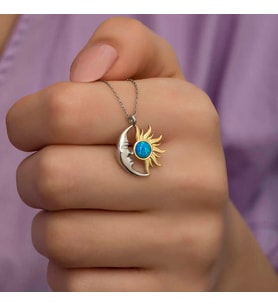 Gümüş Opal Mavi Taşlı Ay Güneş Kadın Kolye