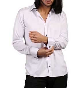 Beyaz Lacivert Bieli Yaka Dar Kesim Micro Kumaş Kol Düğmeli Slim Fit Erkek Gömlek - 200-1