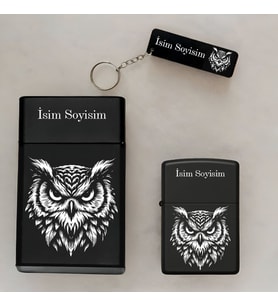 Baykuş Desenli Kişiye Özel İsimli Çakmak,Metal Tabaka ve Anahtarlık Seti - 3'lü Hediye Set