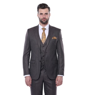 Çizgili Slim Fit Kahverengi Yelekli Takım Elbise  Wessi