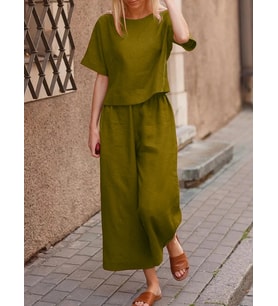 Keten Günlük Rahat Beli Lastikli Kadın İkili Takım Alt Üst (Haki)