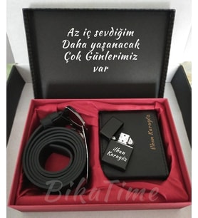 Kişiye Özel Hediye Cüzdan Çakmak Kemer Seti Babaya Sevgiliye Erkeğe Öğretmene Hediye (Siyah)