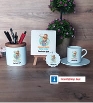 Babalar Günü Hediyesi Hediye Seti Dekoratif Taş, Kalemlik, Ahşap Altlıklı Türk Kahvesi Fincanı, Ahşap Anahtarlık Hediye Babaya Hediye (Model 2)