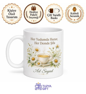 Papatya Çayı Temalı Baskılı Kupa Bardak Hediye Porselen Mug Özel Tasarım