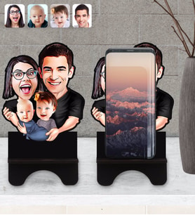 BK Gift Kişiye Özel Aile Karikatürlü Ahşap Biblo Telefon Standı-4