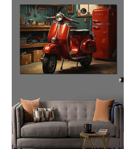 Garajda Bekleyen Kırmızı Retro Scooter Dekoratif Kanvas - Mdf Ahşap Tablo