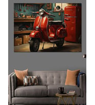 Garajda Bekleyen Kırmızı Retro Scooter Dekoratif Kanvas - Mdf Ahşap Tablo