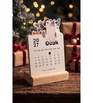 Ahşap Standlı Özel Kesim Kedi Tasarımlı 2027 Masaüstü Takvimi (8,5x12 cm) - Sevimli Yeni Yıl Hediyesi