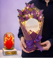 Led Işıklı Aynalı Mor Kelebek Buketi (Kişiye Özel Led Işıklı Fanus Hediyeli) (Model 7)