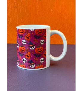 Karışık Desenli Mor Zeminli Halloween Kupası, Cadılar Bayramı Kupası
