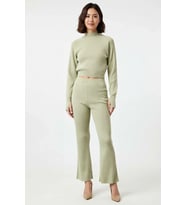 Kadın Fitilli Reglan Kollu Crop Kazak Pantolon Takımı Bisiklet Yaka Uzun Kol Rahat Kesim Günlük
