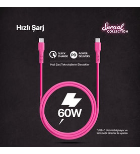 USB-C - USB-C 120cm 60W PD/QC Hızlı Şarj/Data Kablosu Neon 2DK59N (Neon Pembe)