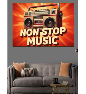 Kırmızı "Non Stop Music" Yazısı Ve Vintage Kaset Çalar Dekoratif Kanvas - Mdf Ahşap Tablo