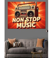 Kırmızı "Non Stop Music" Yazısı Ve Vintage Kaset Çalar Dekoratif Kanvas - Mdf Ahşap Tablo