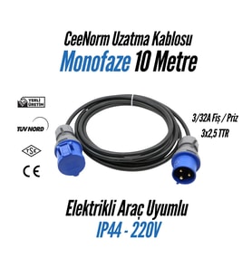 Bemis Elektrikli Araç Trifaze Uzatma Kablosu 10 Metre, 7,4 kW  3/32A Fiş – 3/32A Priz  3x6 TTR