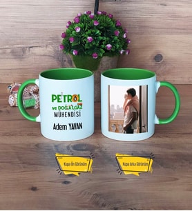 Petrol ve Doğalgaz Mühendisi Kupa Bardak Yeşil Fotoğraflı Mühendisler Günü Hediyesi