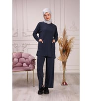 Kadın Çift Cepli Sandy Tesettür Tunik Pantolon İkili Takım 5407 (Füme)