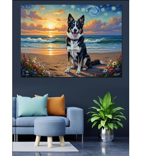 Sahilde Oturan Gözlüklü Border Collie Dekoratif Kanvas - Mdf Ahşap Tablo