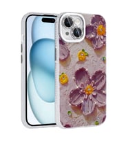 iPhone 14 Kılıf Çiçek Desenli Parlak Taşlı Sert Silikon Kapak (Mor)